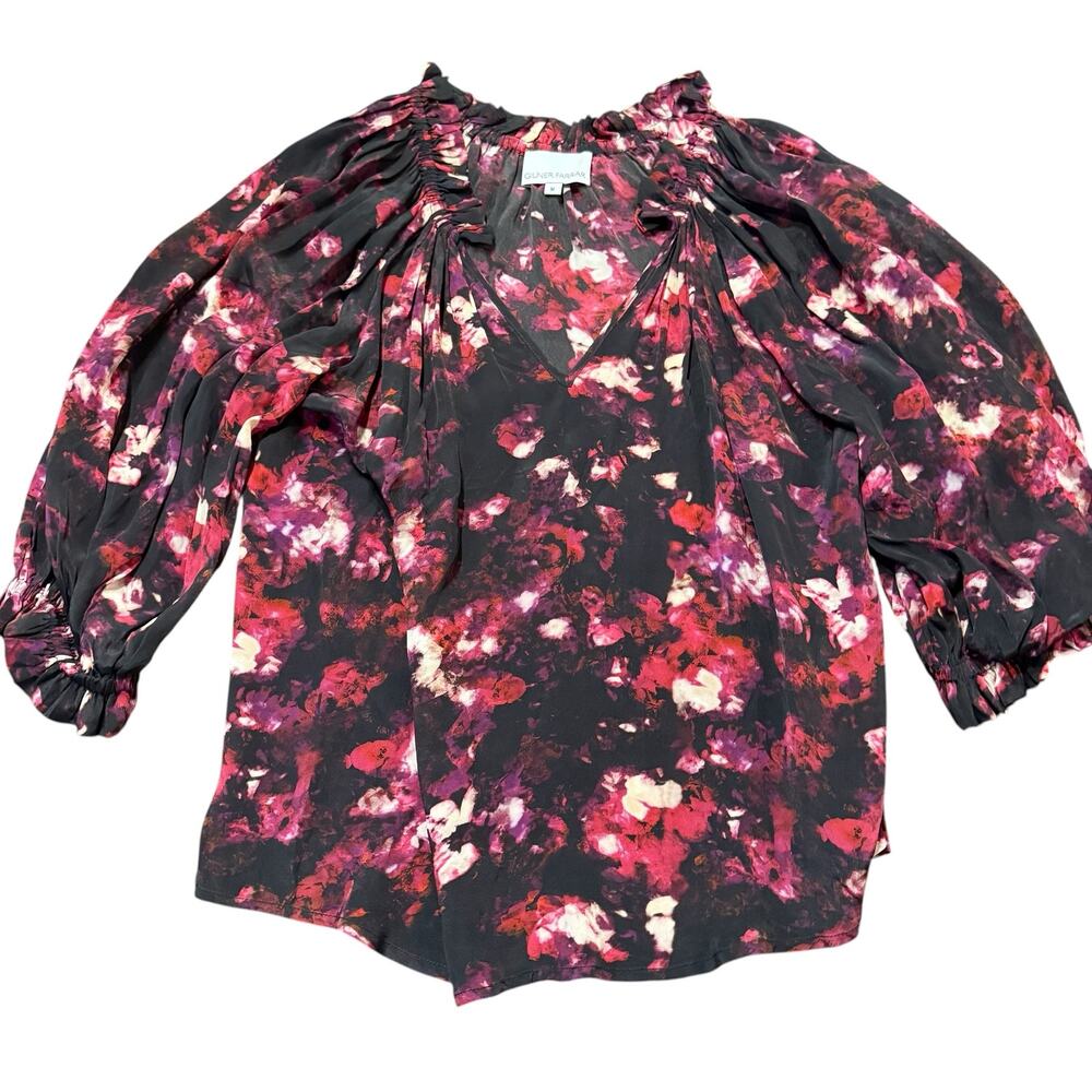 Gilner Farrar Viscose blouse, purple/magenta abstract, splitneck, Size M
